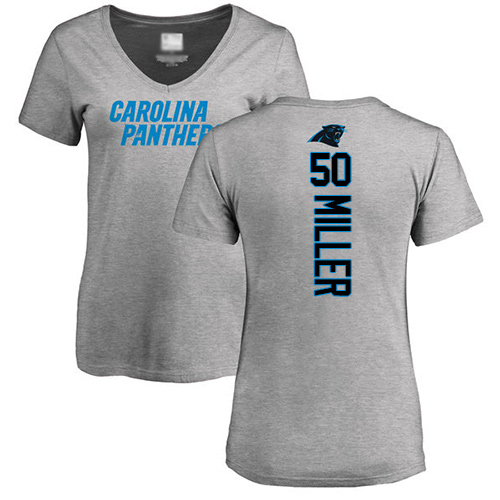Carolina Panthers Ash Women Christian Miller Backer V-Neck NFL Football #50 T Shirt